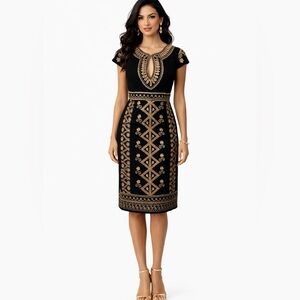 Nanette Lepore Silk Black Gold Embroidered Keyhole Neck Dress Sz 6💛